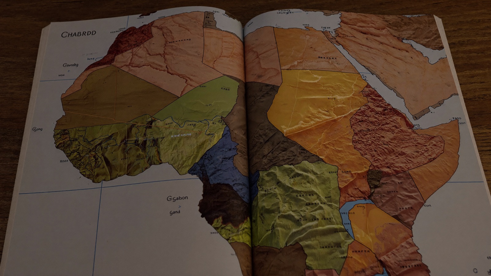 Atlas ouvert sur une carte de l'Afrique centrale, vue en lumière chaude.