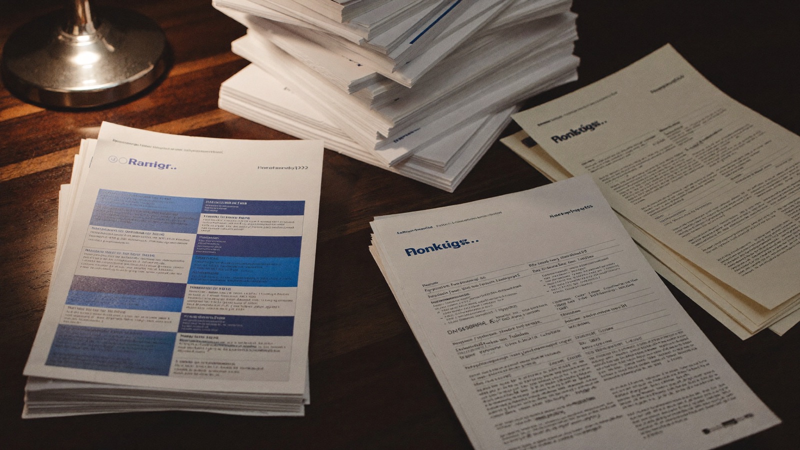 Piles de documents réglementaires sur un bureau en bois sombre, éclairés par une lampe de banquier.